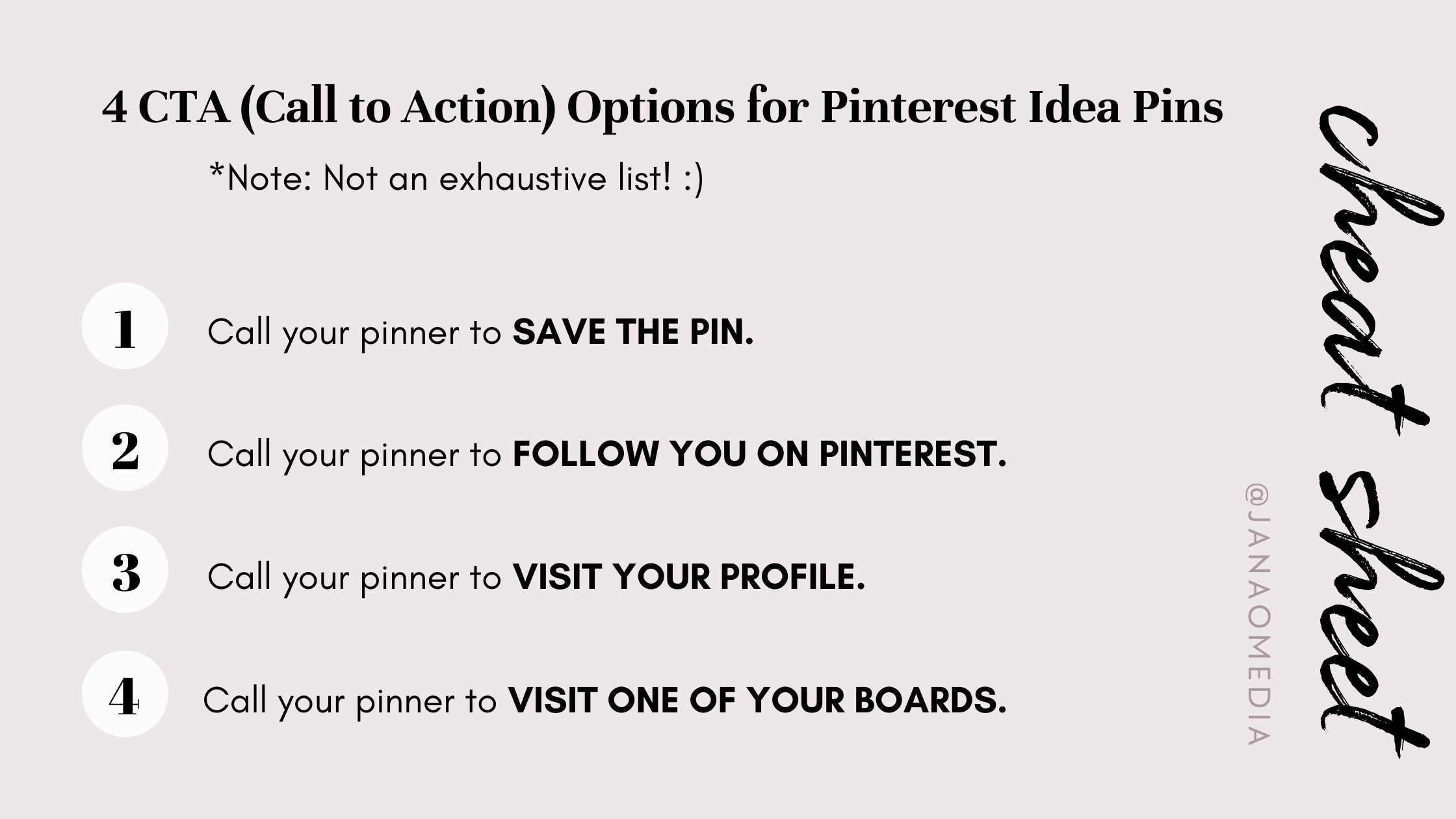 Pinterest Call to action options cheat sheet - idea pins